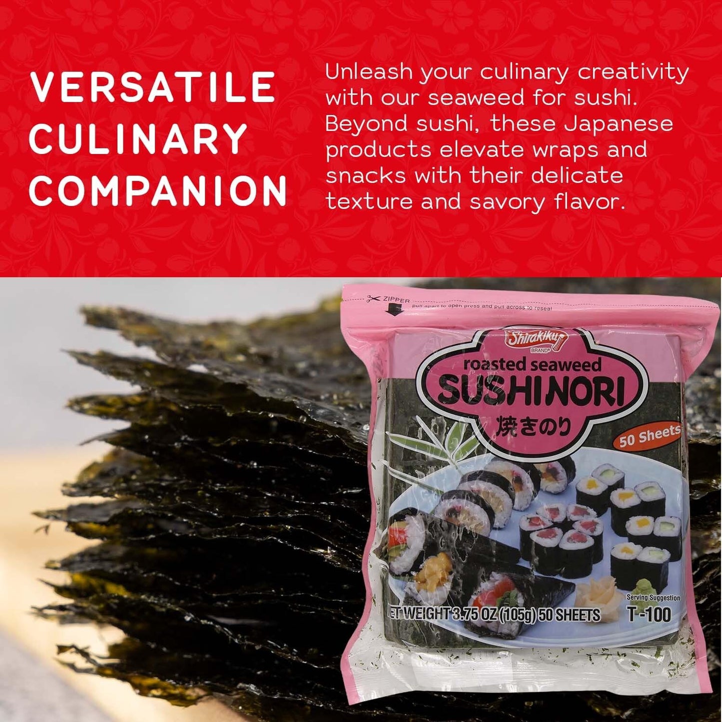 "Shirakiku Sushi Nori Seaweed - Japanese Sushi Nori Roasted Seaweed Sheets for Sushi Rolls | Perfect for Soups, Tofu, and Salads | Pack of 1 Contains 50 Sheets, 3.75OZ"