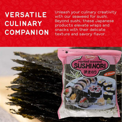 "Shirakiku Sushi Nori Seaweed - Japanese Sushi Nori Roasted Seaweed Sheets for Sushi Rolls | Perfect for Soups, Tofu, and Salads | Pack of 1 Contains 50 Sheets, 3.75OZ"