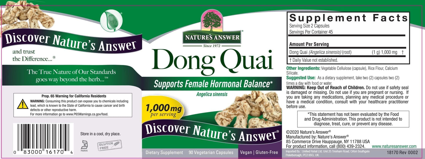 Nature's Answer Dong Quai Root 1000mg | Dietary Supplement | Supports Female Hormone Balance | Non-GMO, Vegan, Kosher Certified & Gluten-Free | Vegetarian Capsules 90ct