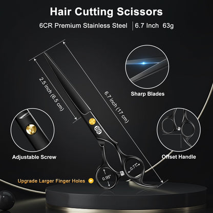 CIICII Hair Cutting Scissors Shears Kit, Professional Barber Haircut Scissors Set (6.7 Inch Hair Beard Hairdressing Trimming Haircutting Thinning Shears) for Men Women Hairdresser Home Salon (Black)