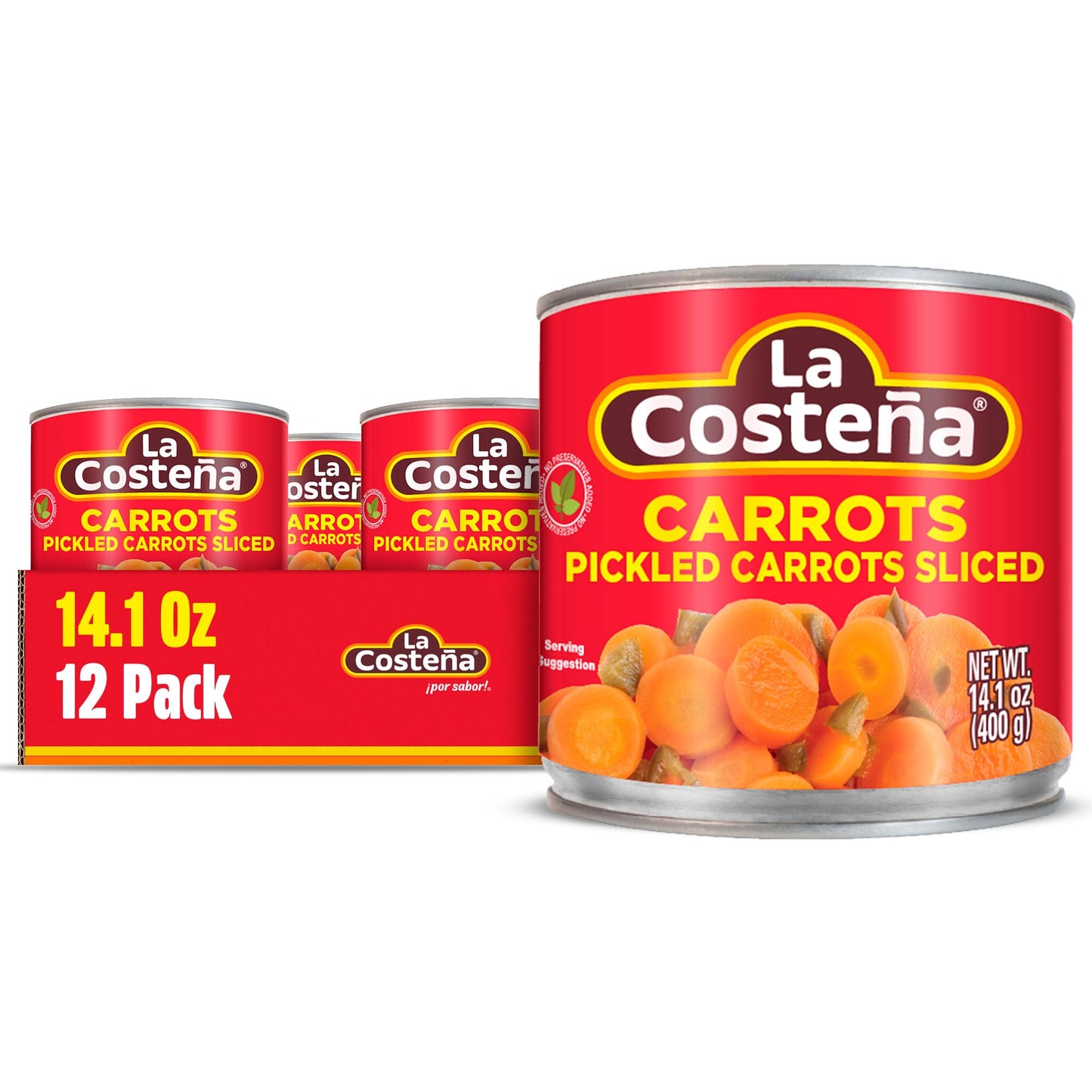 La Costeña Sliced Pickled Carrots with Pickled Jalapenos - Sliced Carrots with Jalapeno Peppers - Mexican Food, Taco Toppings & Salsa - Hot Pickled Vegetables - 14.1oz, 12 Pack Canned Vegetables