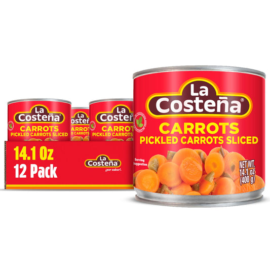 La Costeña Sliced Pickled Carrots with Pickled Jalapenos - Sliced Carrots with Jalapeno Peppers - Mexican Food, Taco Toppings & Salsa - Hot Pickled Vegetables - 14.1oz, 12 Pack Canned Vegetables