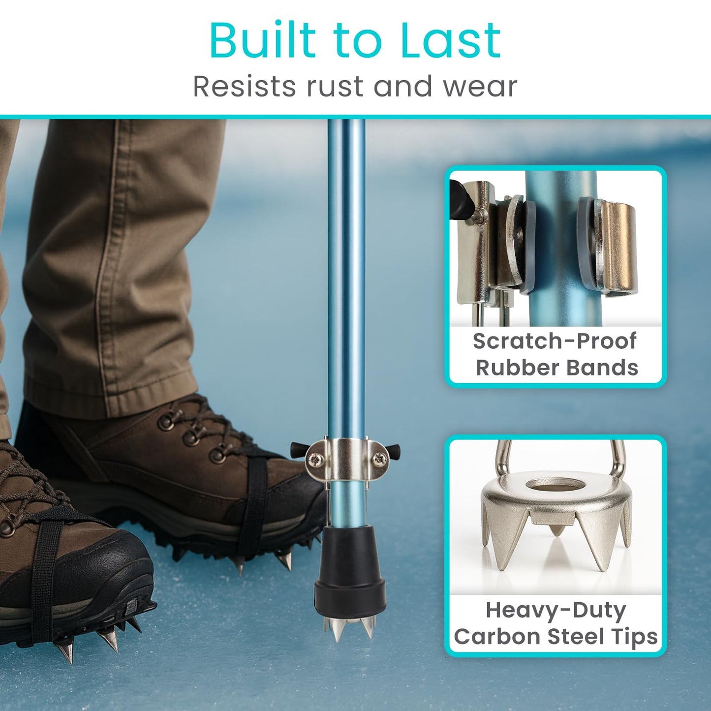 Vive Cane Tips for Ice - All Terrain Heavy Duty (2 Pack) Metal Retractable 4-Prong Hiking Attachment - Replacement Grip for Walking Sticks, Trekking Pole, Crutches, Tip Points for Winter Snow Safety