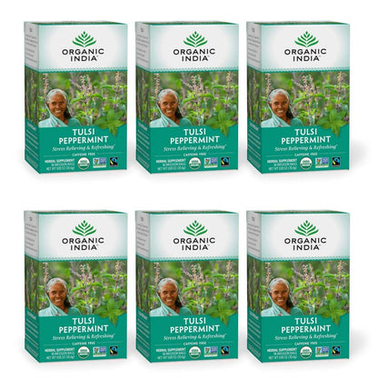 ORGANIC INDIA Tulsi Peppermint Tea - Caffeine Free Herbal Mint Tea - Stress Relieving Holy Basil, Immune Support, Aids Digestion, Vegan, USDA Certified Organic, Fairtrade - 18 Infusion Bags, 6 Pack