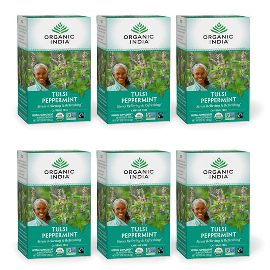 ORGANIC INDIA Tulsi Peppermint Tea - Caffeine Free Herbal Mint Tea - Stress Relieving Holy Basil, Immune Support, Aids Digestion, Vegan, USDA Certified Organic, Fairtrade - 18 Infusion Bags, 6 Pack