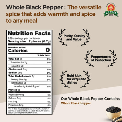 Laxmi Black Pepper Whole Peppercorns 200gm | Tellicherry Black Peppercorn | Premium quality and high value Peppercorns, black | Ethical sourced