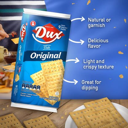 Dux, Original Crackers, Salty & Crunchy, Enjoy Anytime, 8.82 Ounce, 1 Box contains 4 Bags, each with 9 Individual Packs and every pack includes 3 Crackers, totaling 36 crackers per box.