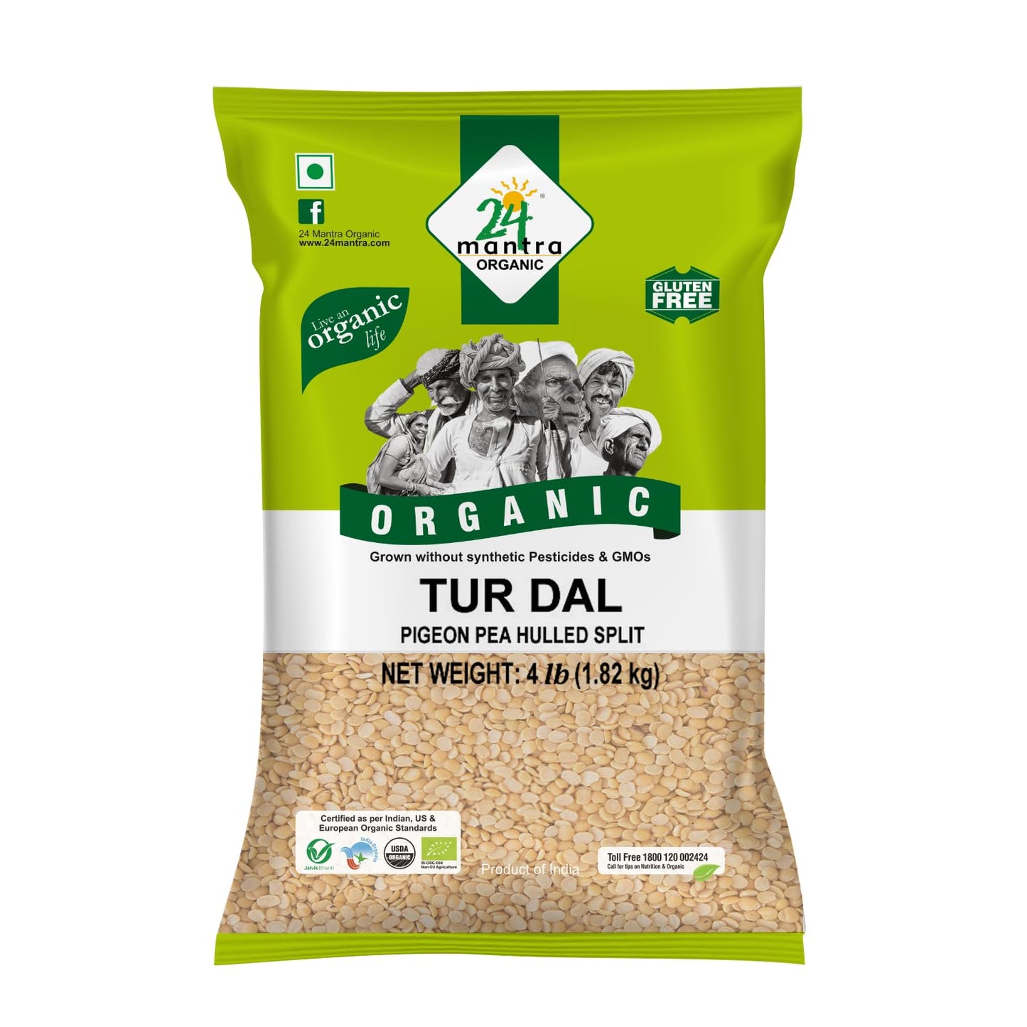 Organic Toor Dal - Organic Split Pigeon Peas (Toor Dal) -USDA Certified Organic - European Union Certified Organic -Pesticides Free - Adulteration Free - Sodium Free - 4 Lbs - 24 Mantra Organic