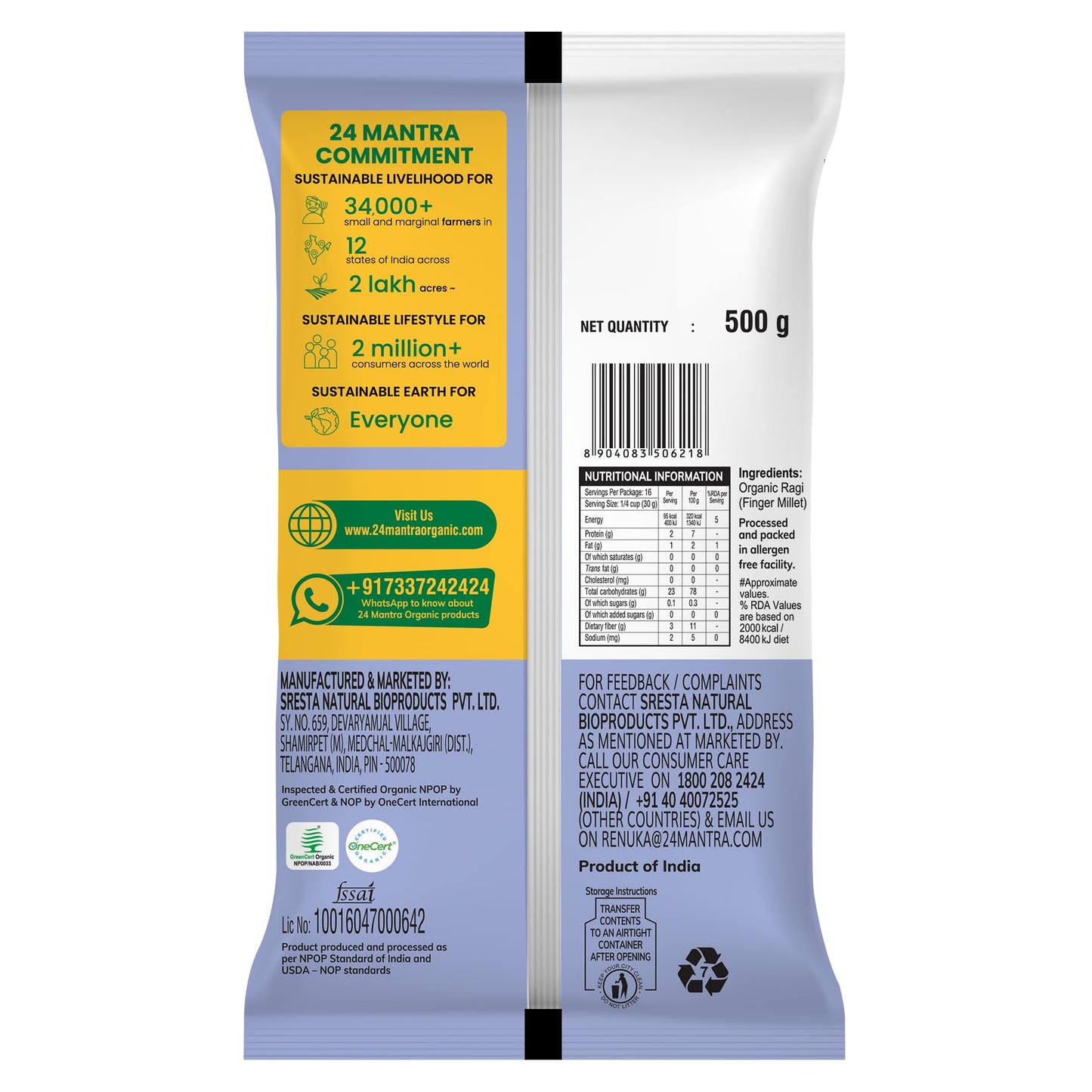 24 Mantra Organic Ragi Flour/Finger Millet/Nachni Flour - Chemical Free & Pesticides Free | Naturally Gluten-Free (500 G (Pack Of 1))