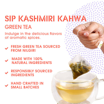 Teabox Kashmiri Kahwa Green Tea | 25 Tea Bags | Whole Green Tea Leaves with Saffron, Cardamom, Cinnamon, Clove and Almond | Gluten-Free Tea, Medium-Caffeine