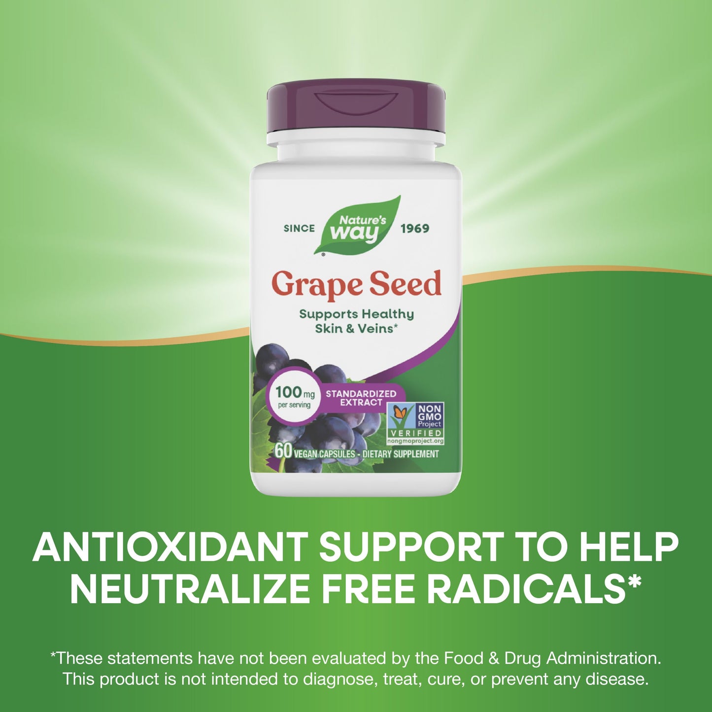 Nature's Way Grape Seed Standardized Extract, Supports Healthy Skin and Veins*, Antioxidant Support*, Non-GMO Project Verified, 60 Vegan Capsules (Packaging May Vary)