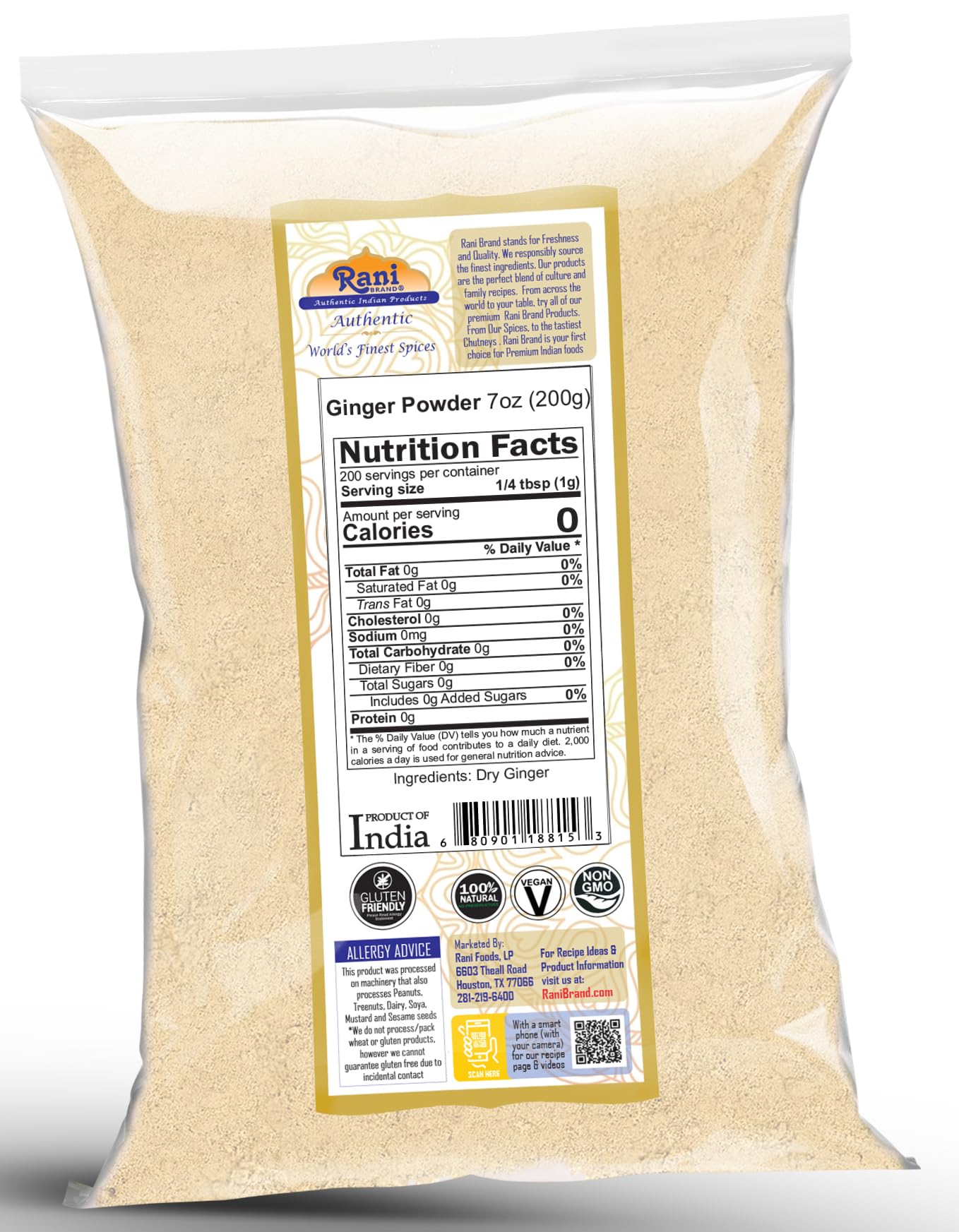 Rani Ginger (Adarak) Powder Ground, Spice 7oz (200g) ~ All Natural | Vegan | Gluten Friendly | NON-GMO | Kosher | Indian Origin