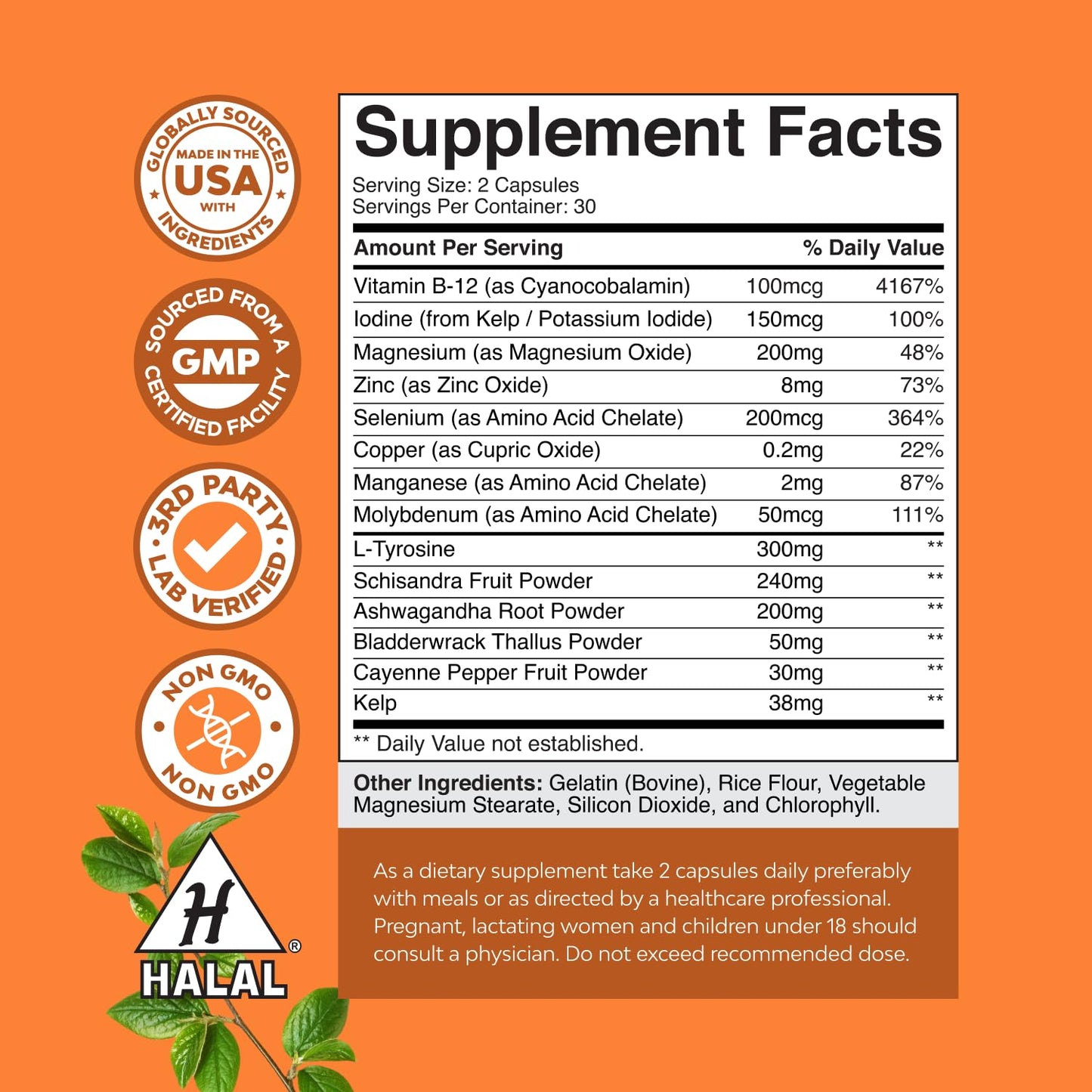 Herbal Thyroid Support Complex - Potent Kelp Iodine Supplement with L Tyrosine, Bladderwrack, Selenium & Pure Ashwagandha for Hormone Balance - Mood & Energy Dietary Pills - 60 Count