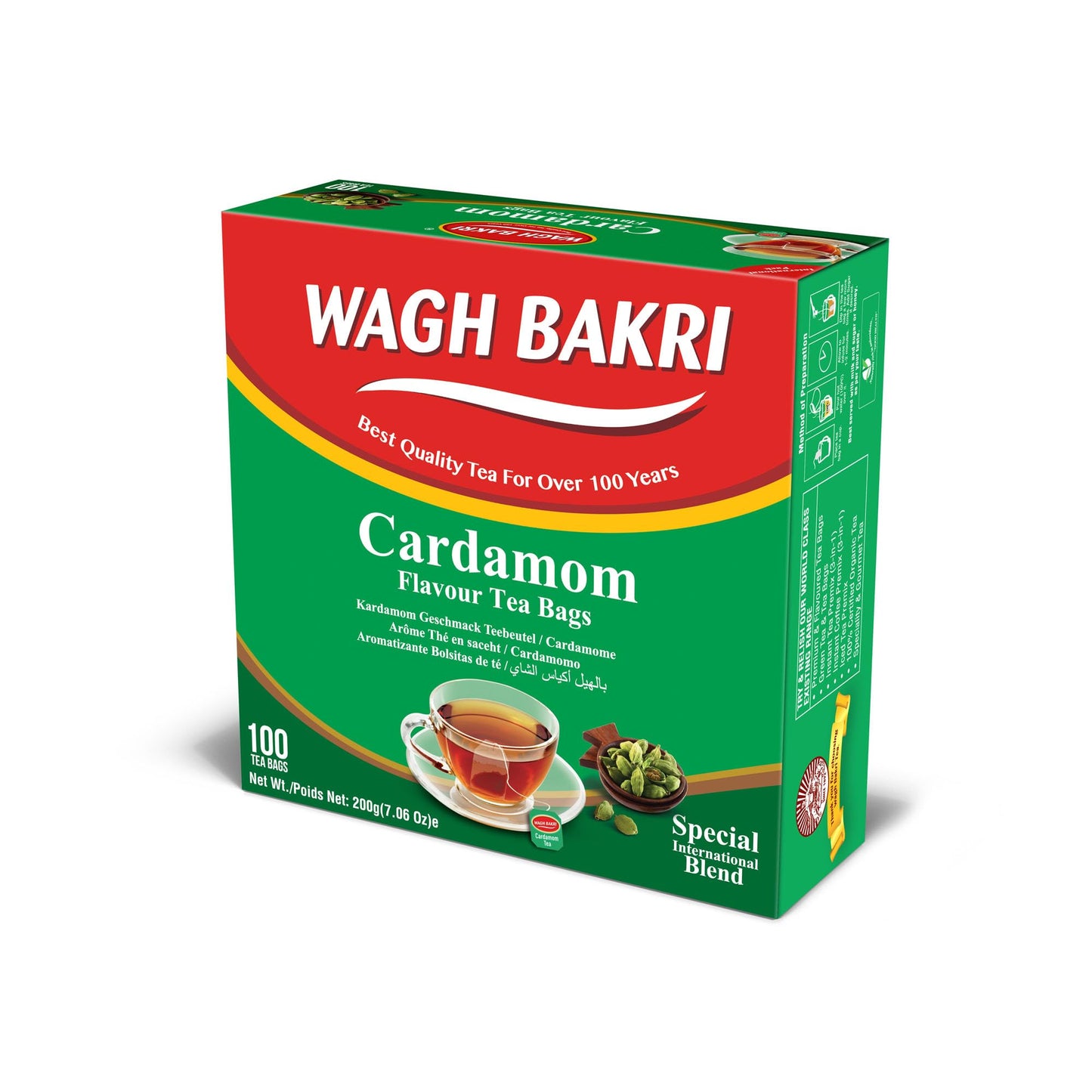 Wagh Bakri Cardamom Flavour Tea bags, 100 Tea Bags of Special International Blend, 200 grams