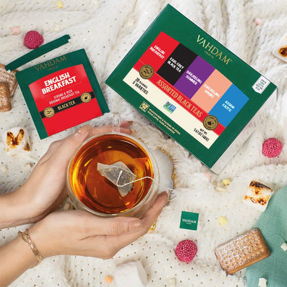 VAHDAM, Assorted Black Tea Bags Sampler (5 Flavors, 20 Ecofriendly Pyramid Tea bags) I Gift Ideas for Women & Men | Assam and Darjeeling Teas | Gluten Free & Non GMO | Gifts for Him/Her