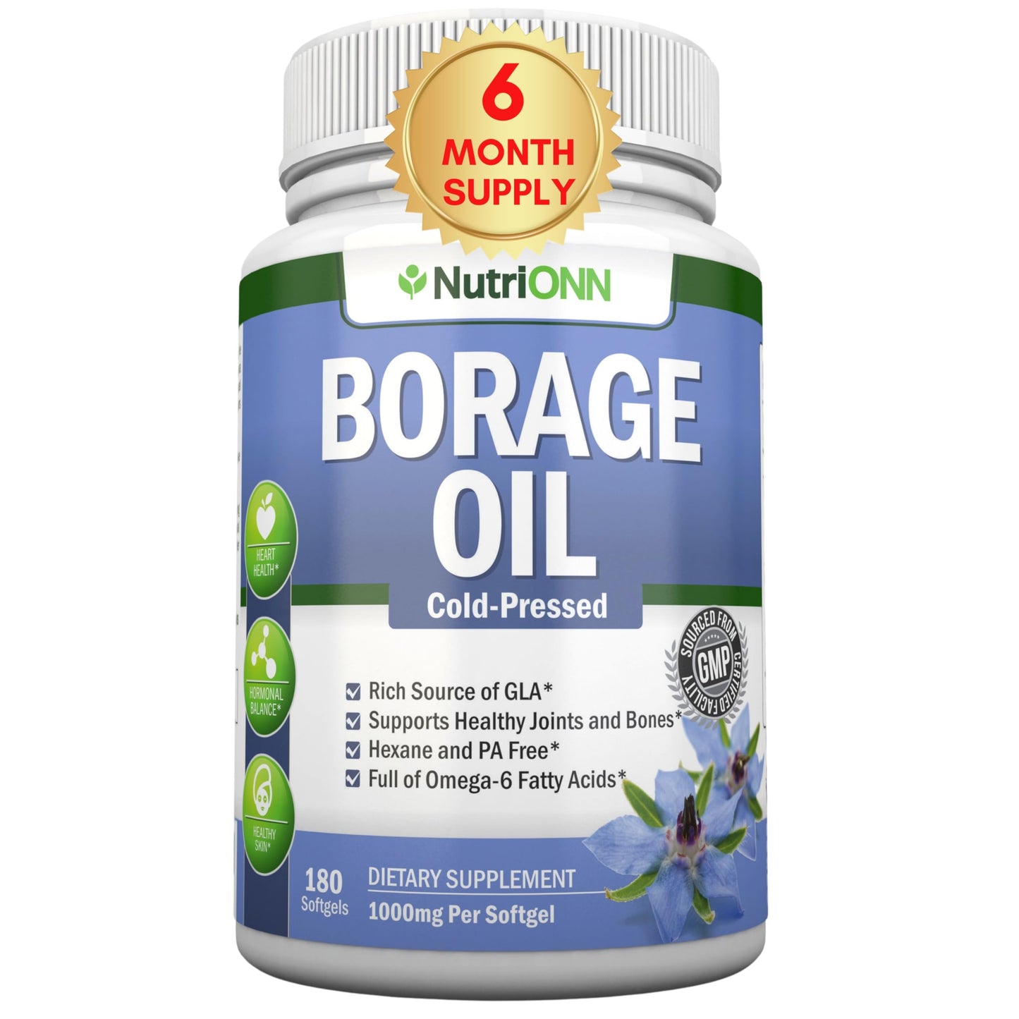 Borage Oil - 1000 mg - 180 Softgels - Cold Pressed High GLA Borage Seed Oil - Hexane and PA Free - Great for Skin, Hair and Bones.