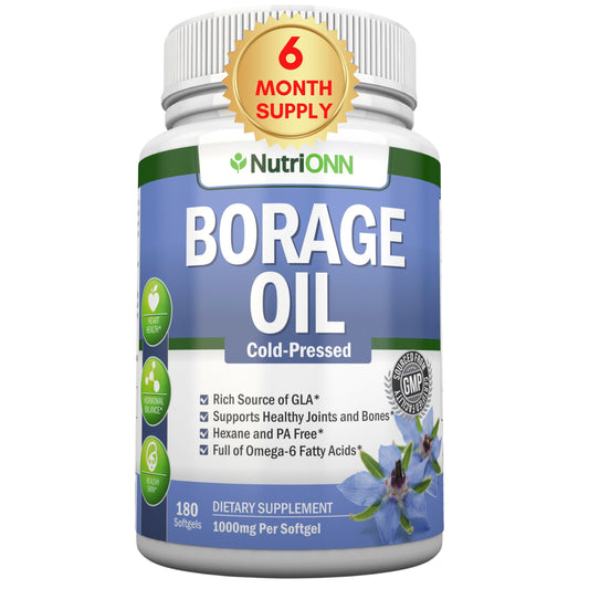 Borage Oil - 1000 mg - 180 Softgels - Cold Pressed High GLA Borage Seed Oil - Hexane and PA Free - Great for Skin, Hair and Bones.