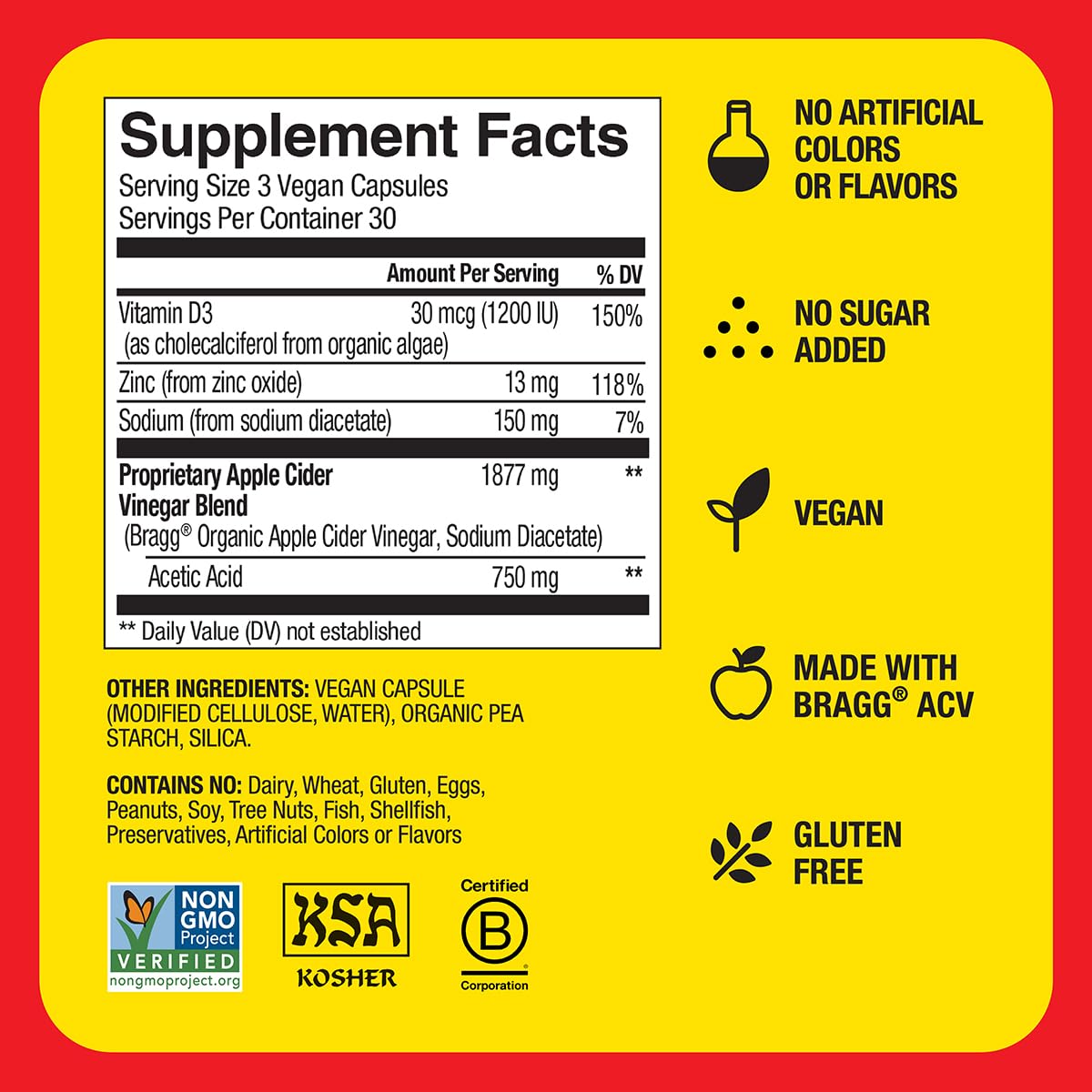 Bragg Organic Apple Cider Vinegar Capsules with Vitamin D and Zinc - 90 Count - Supports Immune System