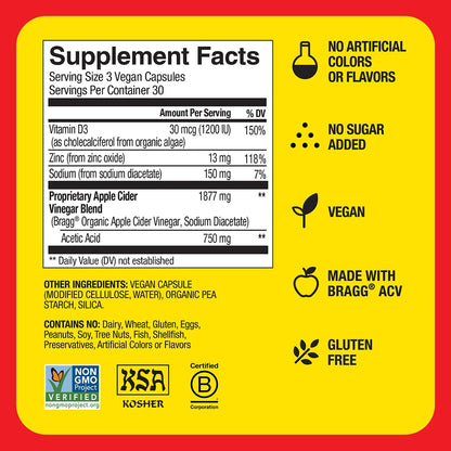 Bragg Organic Apple Cider Vinegar Capsules with Vitamin D and Zinc - 90 Count - Supports Immune System