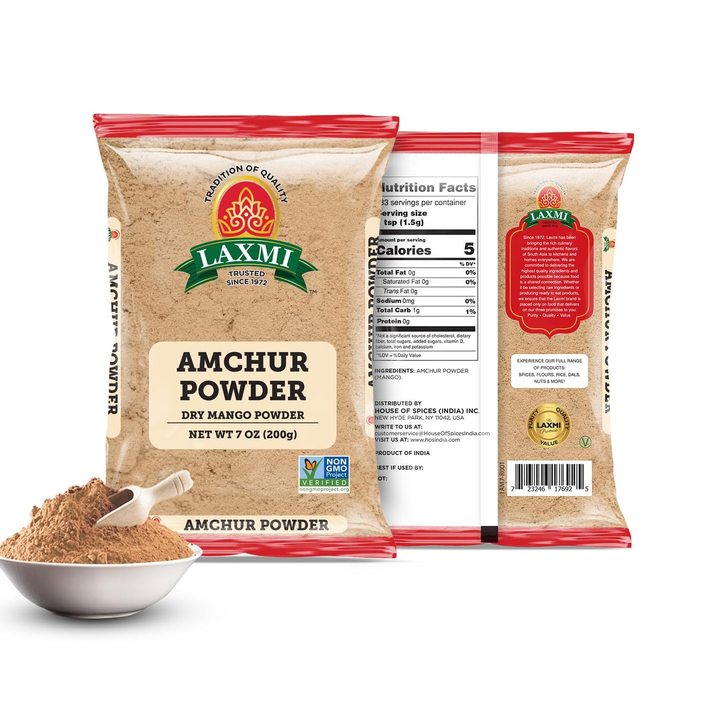 Laxmi Amchur Powder (Dried Mango Powder) - 200gms (7oz) | Dried and powdered green mango Amchoor Powder | Non GMO certified |Pure Powdered Green Mango