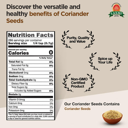 Laxmi Coriander Seeds, Whole 200gms (7oz) | Pure, premium quality and high value Coriander | Natural Coriander Seeds | Non-GMO certified