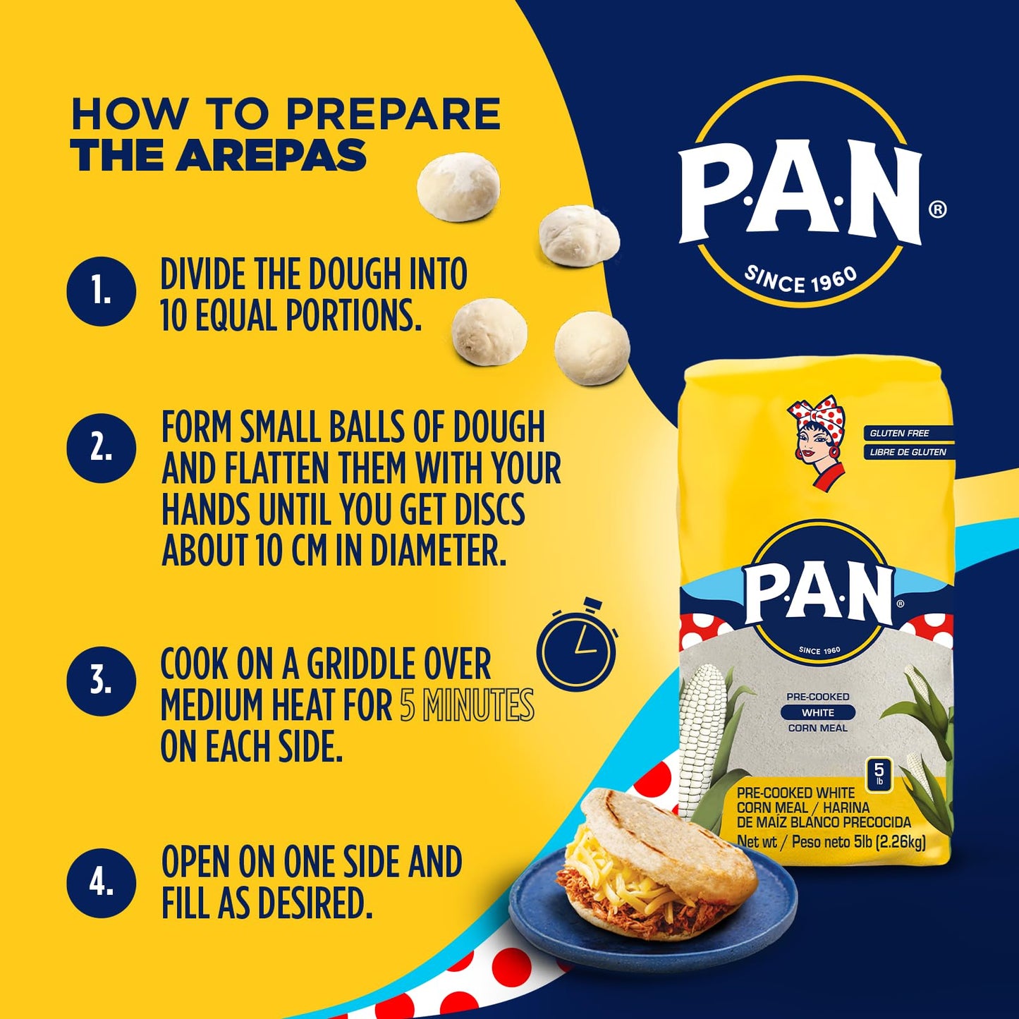 P.A.N. White Corn Meal – Pre-cooked Gluten Free and Kosher Flour for Arepas (5 lb/Pack of 1)
