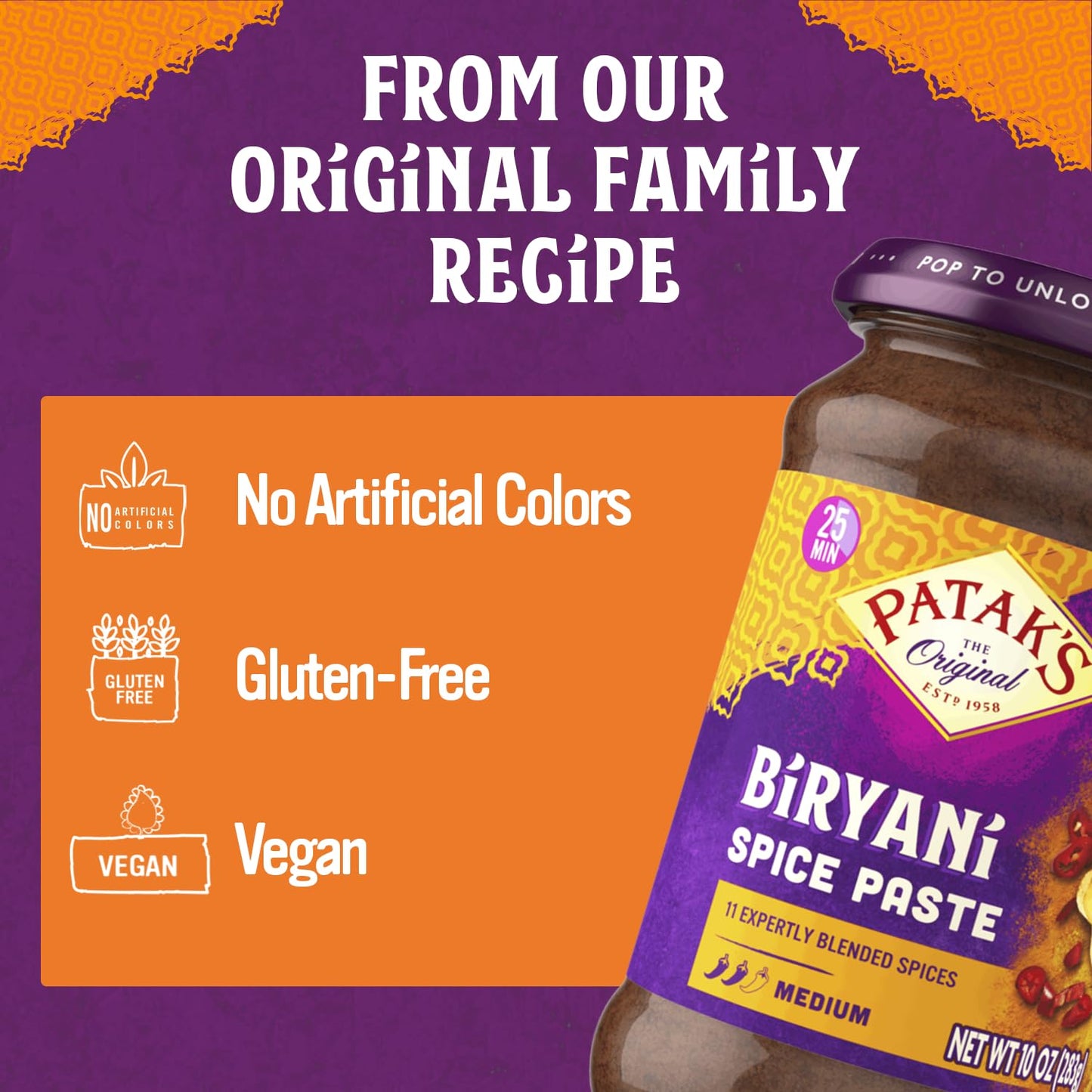 Patak's Biryani Spice Paste, Authentic Indian Cooking for Traditional with Aromatic Spices, Ginger & Paprika, Ideal for Chicken, Vegetable & One-Pot Meals, Medium Spicy, 10 oz Jar, 6-Pack