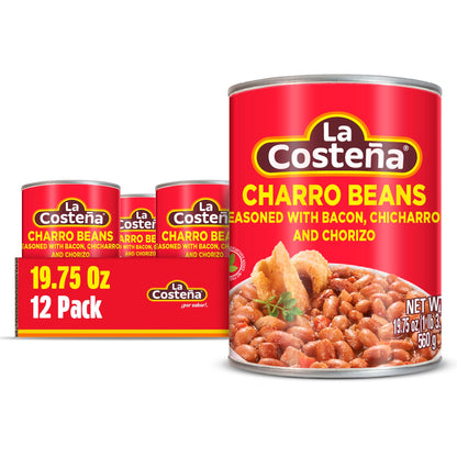 La Costeña Charro Beans - Ready-to-Eat Canned Pinto Beans with Chorizo, Bacon & Chicharrones - Mexican Food, Tex Mex, Chili Ingredients, Bean Dip, Bean Burger & Burrito - 19.75oz, 12 Pack Canned Food