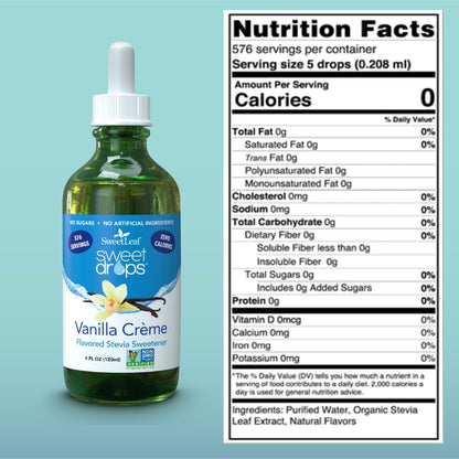 SweetLeaf Sweet Drops - Flavored Stevia Liquid Sweetener, Organic Stevia Extract, Zero Calorie, Keto Friendly, Non GMO, Natural Flavor, Sugar Alternative - Vanilla Creme, 4 Fl Oz (Pack of 1)