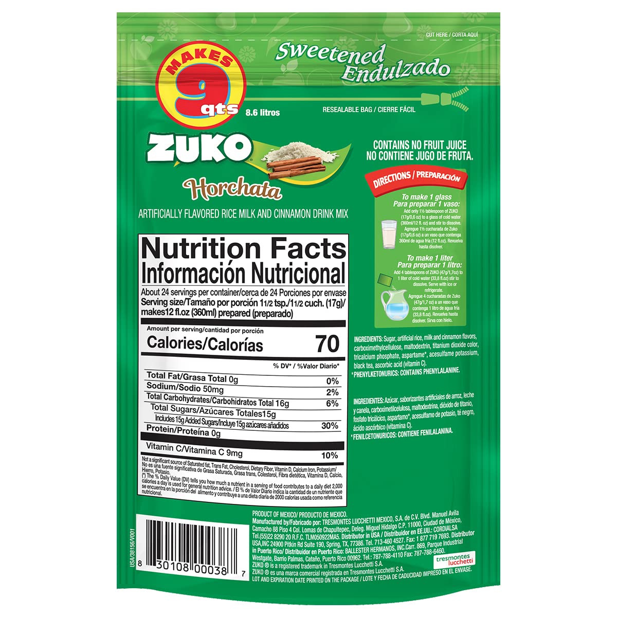 Zuko Horchata Instant Powder Drink | Family Pack | No Sugar Needed | Vitamin C | 14.1 Ounce (Pack of 6)