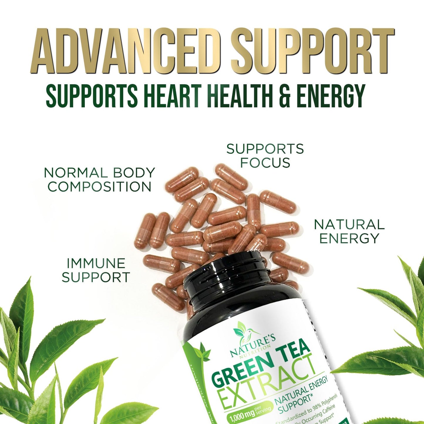 Green Tea Extract Capsules 1000 mg Per Serving - 3X Strength Green Tea Pills with 45% EGCG & 98% Polyphenols for Natural Energy - Vegan Antioxidant Herbal Supplement for Heart Support - 240 Capsules