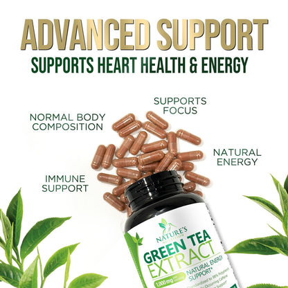 Green Tea Extract Capsules 1000 mg Per Serving - 3X Strength Green Tea Pills with 45% EGCG & 98% Polyphenols for Natural Energy - Vegan Antioxidant Herbal Supplement for Heart Support - 240 Capsules