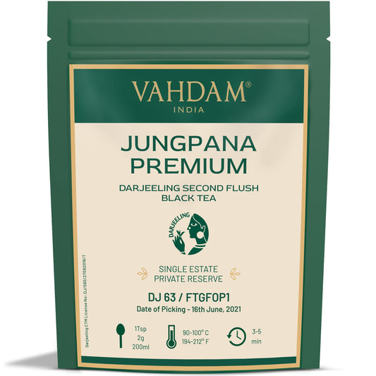 VAHDAM, Jungpana Premium Darjeeling Second Flush Black Tea 2024 | 3.53oz/100g, 100% Pure, Unblended & Freshly Hand-picked Loose-Leaf Tea | Fresh Summer Harvest | Brews 50+ cups