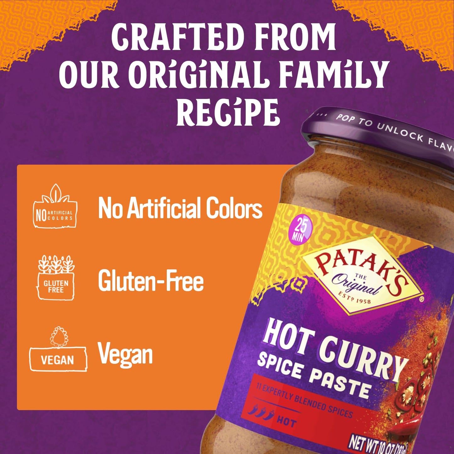 Patak’s Hot Curry Spice Paste - Hot Indian Cooking Paste with Freshly Ground Spices - Ideal for Chicken, Vegetables, and One-Pot Meals - Spicy Curry Base - 10oz Jar (Pack of 1)