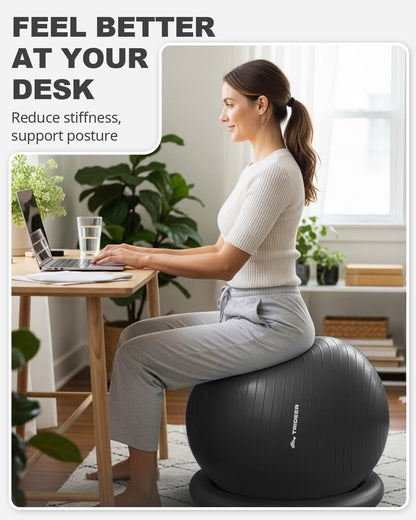 Trideer Exercise Ball for Office Desk, Yoga Ball Chair to Relieve Back Pain, Stability & Fitness Ball Seat with Base, Home Gym Core Workout, Abs, Stretching & Therapy
