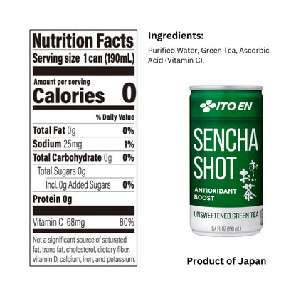 Ito En Sencha Shot, Japanese Green Tea, 6.4 Ounce (Pack of 30), Unsweetened, Zero Calories