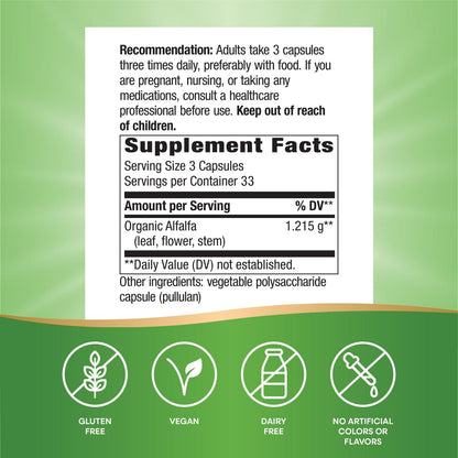 Nature's Way Alfalfa, Made With Organic Alfalfa, 1,215 mg per 3-capsule serving, Alfalfa Herbal Capsule, Gluten Free, Vegan, 100 Capsules (Packaging May Vary)