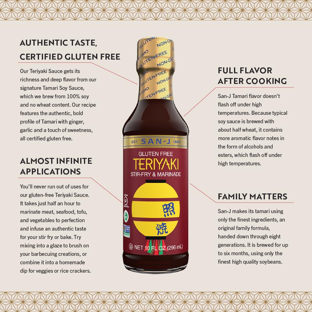 San-J - Gluten Free Teriyaki Sauce - Well-balanced Sauce for Cooking - Non-GMO - 10 oz Bottle - 2 Pack