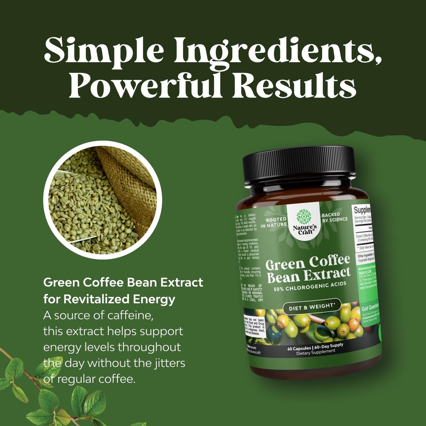 Pure Green Coffee Bean Extract - Super Energizing Green Coffee Extract with 50% Chlorogenic Acid for Antioxidant Healthy Heart Health Mental Focus - Natural Energy Supplement for Adults - 60 Count