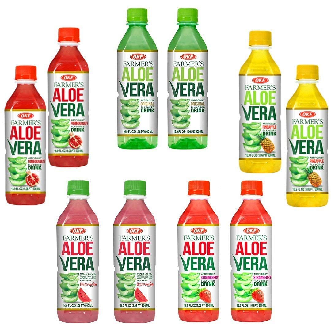 OKF Farmer's Aloe Vera Drink Flavored Variety Pack - Original, Pomegranate, Pineapple, Strawberry, Watermelon Flavored Aloe Drinks (16.9oz/500ml Bottles 10 Count)