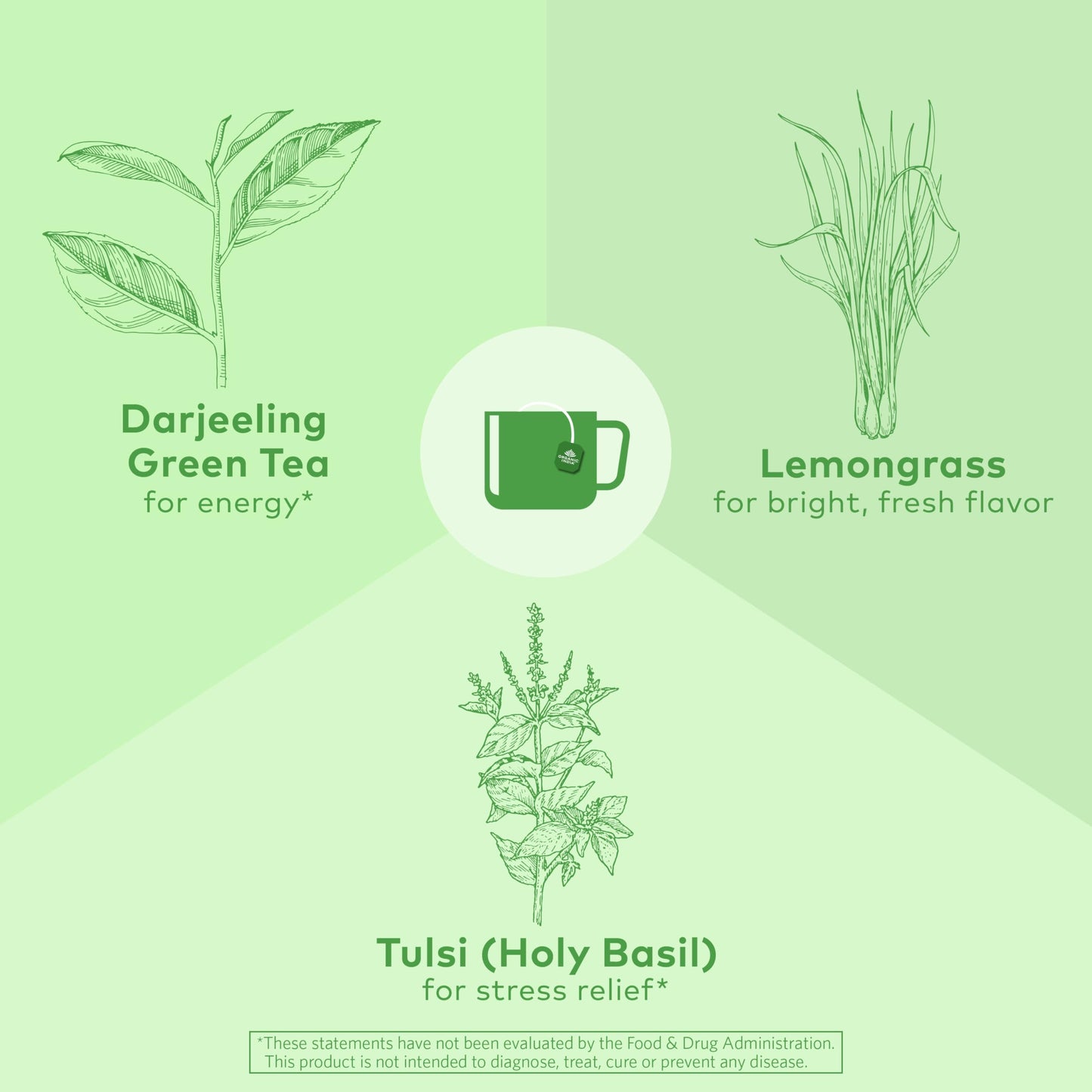 ORGANIC INDIA Tulsi Green Tea Bags - Holy Basil Tea, African Basil, Stress Relieving, Immune Support, USDA Certified Organic, Premium Darjeeling Green Tea, Caffeinated - 18 Infusion Bags, 1 Pack