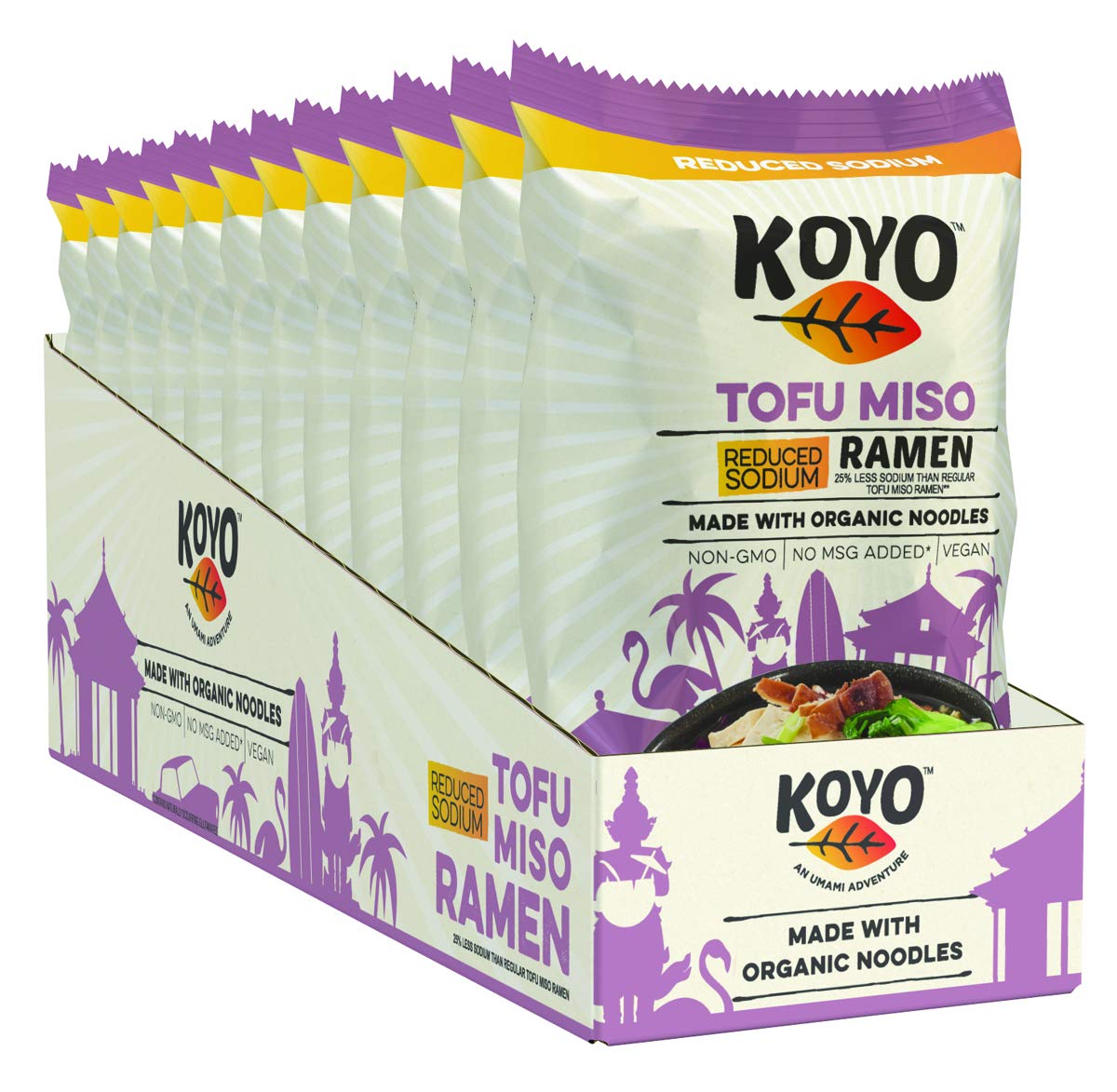 Koyo Ramen Soup, Tofu Miso Reduced Sodium, Made With Organic Noodles, No MSG, No Preservatives, Vegan, 2.1 Ounces Per Package (12 Pack)