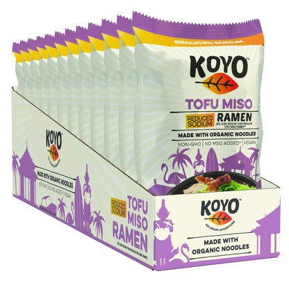 Koyo Ramen Soup, Tofu Miso Reduced Sodium, Made With Organic Noodles, No MSG, No Preservatives, Vegan, 2.1 Ounces Per Package (12 Pack)
