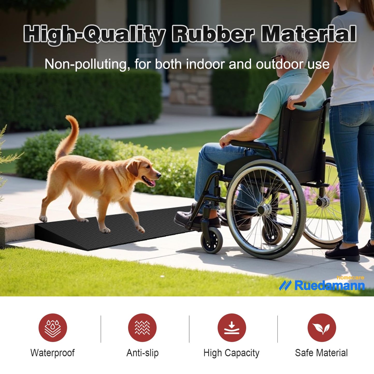 Ruedamann 1" Rise Threshold Ramp for Doorways, Sturdy Rubber Threshold Ramp, Non-Slip Power Door Ramps for Wheelchairs is Adjustable and Cuttable for Doorways,Curb, Scooters, Driveways