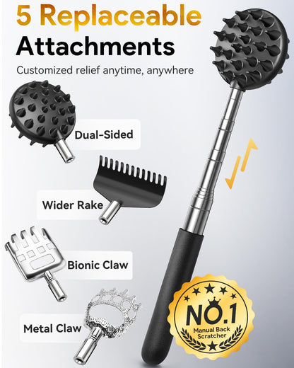 TUKUOS Telescoping Back Scratcher with 5 Detachable Scratching Heads, Rubber Handles, Anniversary Birthday Gifts for Men Women Back Scratcher for Men/Dad/Women/Adults
