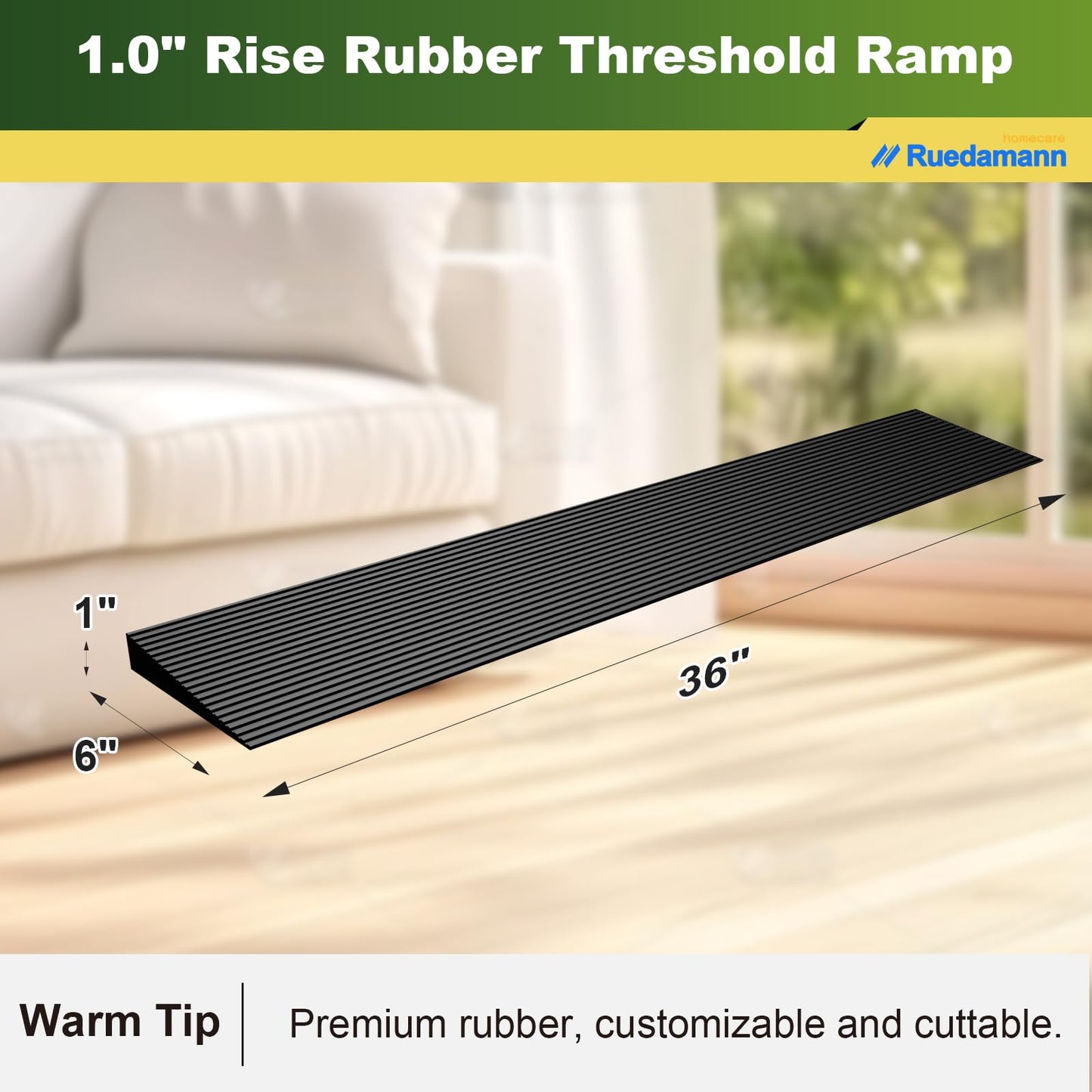 Ruedamann 1" Rise Threshold Ramp for Doorways, Sturdy Rubber Threshold Ramp, Non-Slip Power Door Ramps for Wheelchairs is Adjustable and Cuttable for Doorways,Curb, Scooters, Driveways