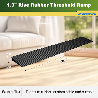 Ruedamann 1" Rise Threshold Ramp for Doorways, Sturdy Rubber Threshold Ramp, Non-Slip Power Door Ramps for Wheelchairs is Adjustable and Cuttable for Doorways,Curb, Scooters, Driveways