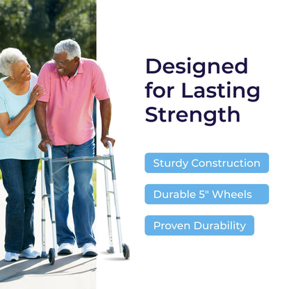 Drive Medical Two-Button Folding Walker w/ Wheels - Lightweight Rolling Mobility Support - Adjustable Height - Dual Push-Button Operation - 5 Inch Front Wheels - Durable Aluminum - Silver