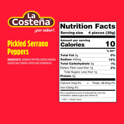 La Costeña Whole Serrano Pepper & Sliced Carrots - Spicy Green Chiles for Mexican Food, Pico de Gallo, Taco Seasoning, Salsa Verde & Guacamole - Hot Pickled Vegetables - 12oz, 12 Pack Cans