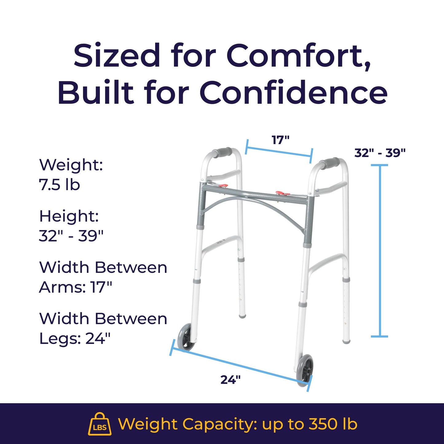 Drive Medical Two-Button Folding Walker w/ Wheels - Lightweight Rolling Mobility Support - Adjustable Height - Dual Push-Button Operation - 5 Inch Front Wheels - Durable Aluminum - Silver